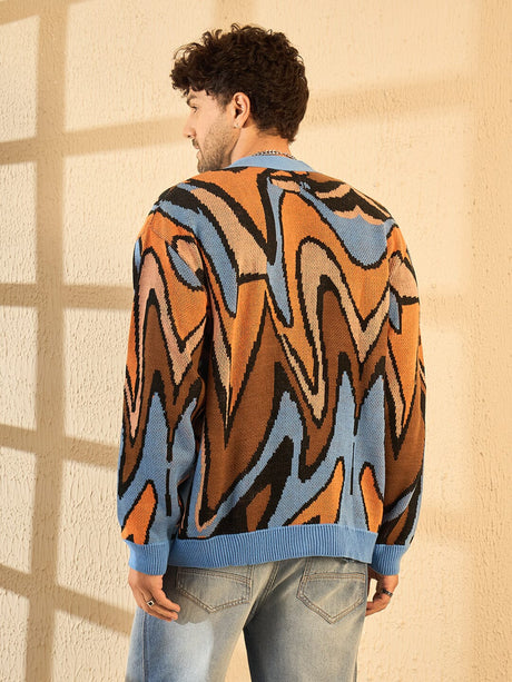 Blue Abstract Graphic Cardigan Sweaters Fugazee 