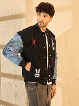 Black Woollen Tattooed Jacket With Denim Sleeves Jackets Fugazee 