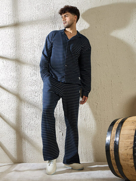 Navy Pinstriped Cuban Shirt and Boot Cut Trackpants Clothing Set Clothing set Fugazee 