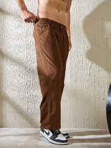 Brown Textured Velvet Pleated Trousers Trousers Fugazee 