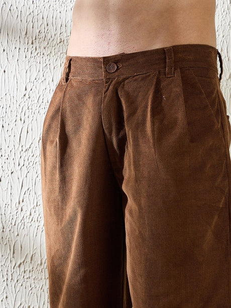 Brown Textured Velvet Pleated Trousers Trousers Fugazee 