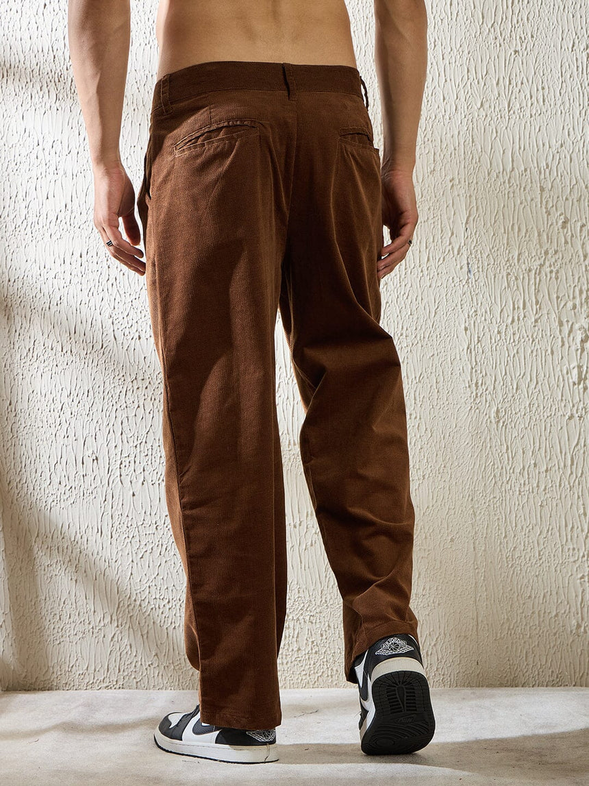 Brown Textured Velvet Pleated Trousers Trousers Fugazee 