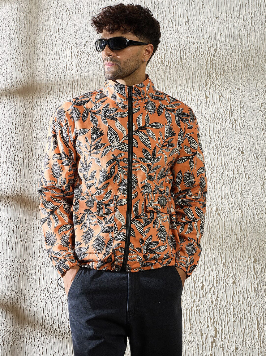 Orange Floral Print Zipped Jacket Jackets Fugazee 