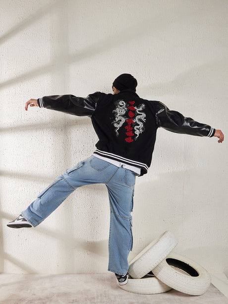 Black Dragon Embroidery Varsity Jacket Jackets Fugazee 