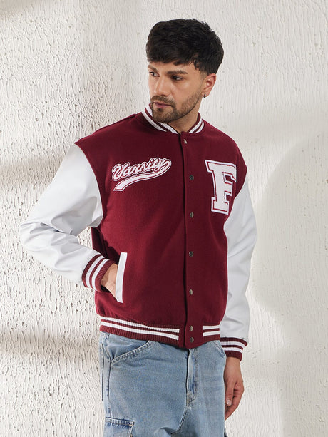 Maroon Woollen Faux Leather Sleeves Letterman Varsity Jacket Jackets Fugazee 