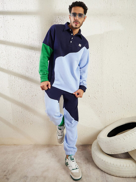 Blue Cut Sew Oversized Polo Sweatshirt Sweatshirts Fugazee 