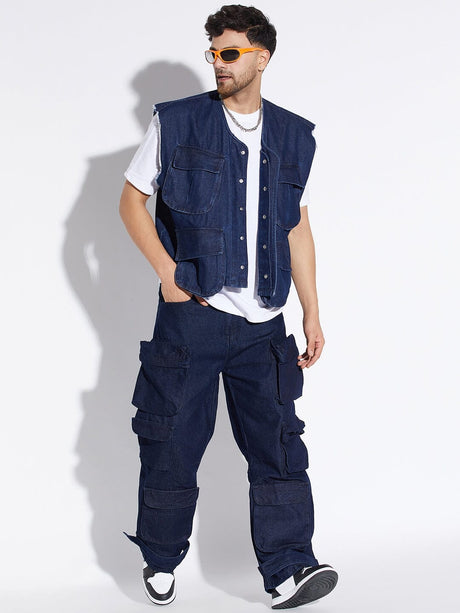 Dark Wash Denim Utility Sleeveless Jacket Jackets Fugazee 