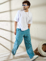 Teal Wavy Embroidery Baggy Corduroy Trousers Trousers Fugazee 