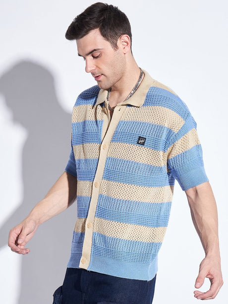 Blue & Beige Striped Crochet Shirt Shirts Fugazee 