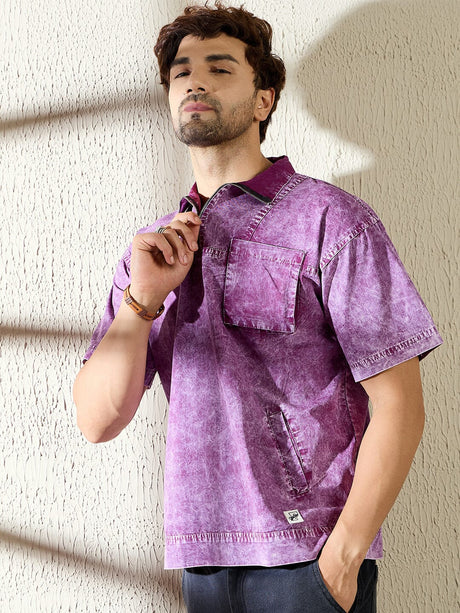Purple Twill Quarter Zip Washed Shirt Shirts Fugazee 