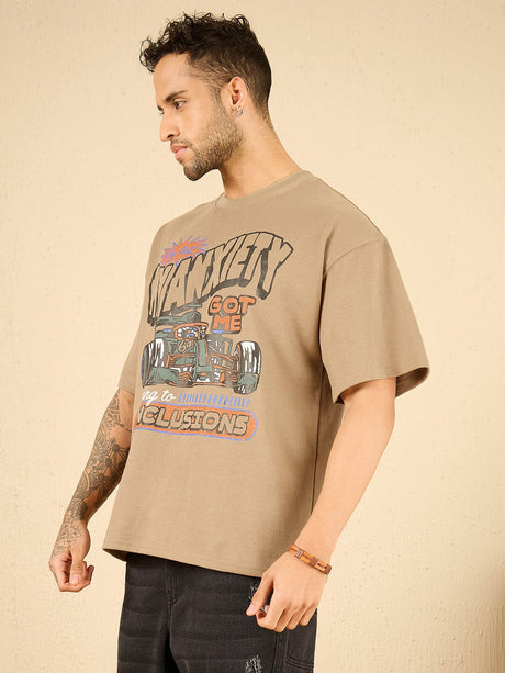 Beige Racing Graphic Oversized Tshirt T-shirts Fugazee 