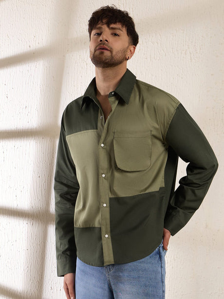 Olive Contrast Panel Oversized Shirt Shirts Fugazee 