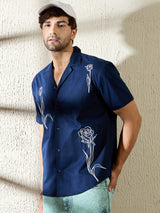 Navy Rose Embroidery Cuban Shirt Shirts Fugazee 