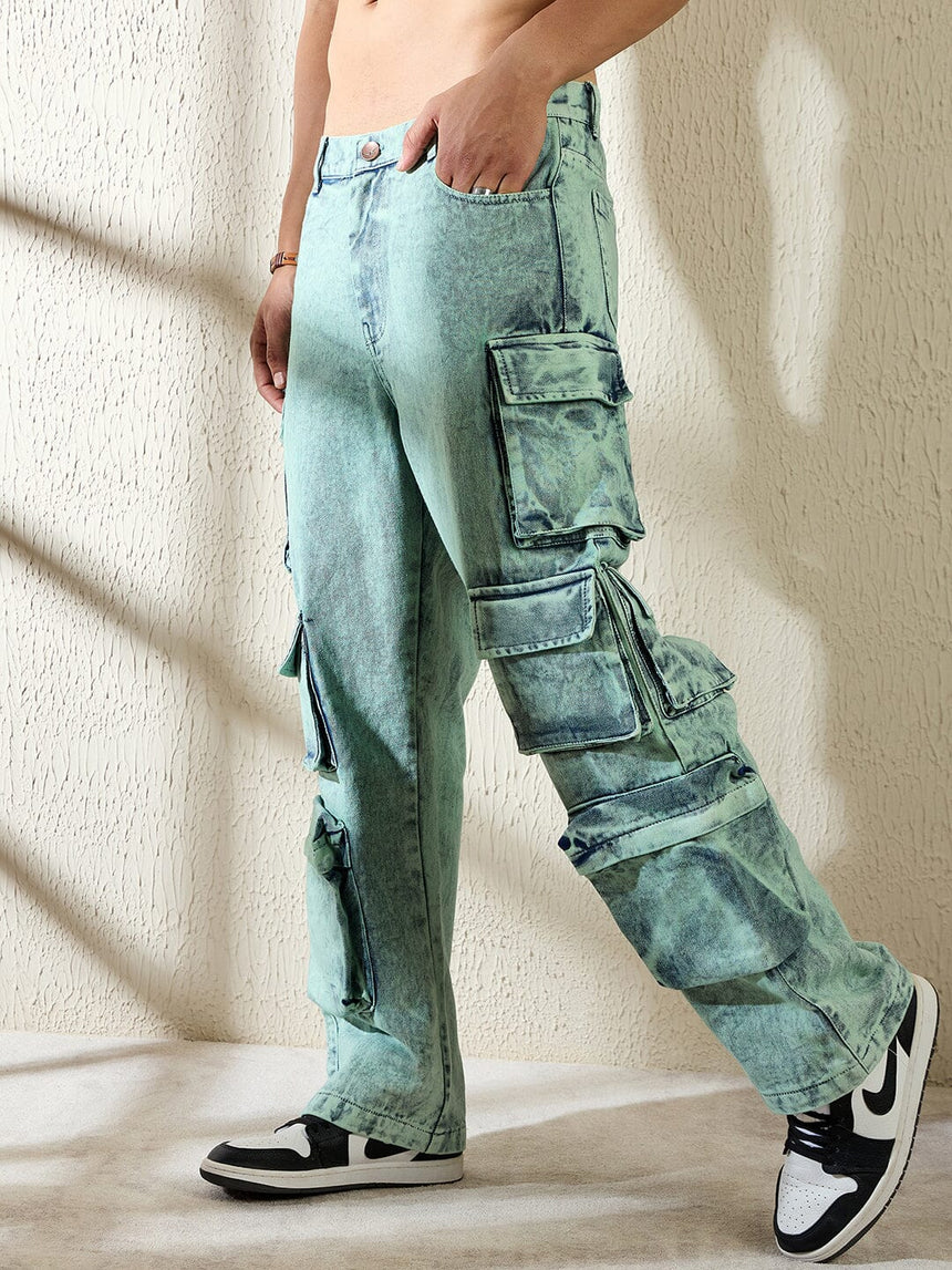 Teal Tinted Washed Baggy Cargo Denim Jeans Fugazee 