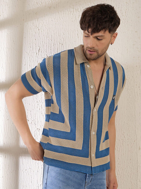 Beige & Blue Striped Crotchet Knitted Shirt Shirts Fugazee 