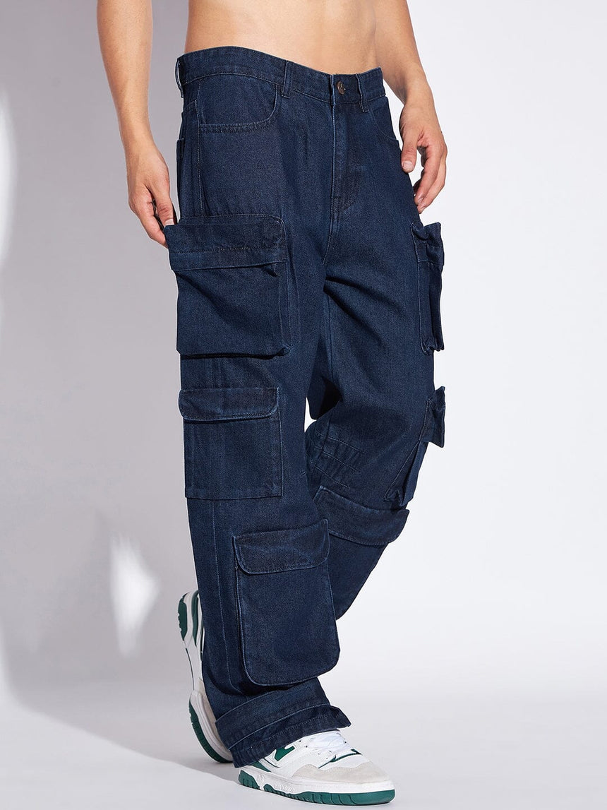 Blue Skinny Cargo Jeans Slim Stretch Denim Combat Pants