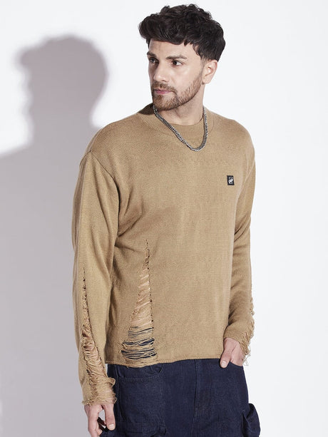 Beige Damaged Raw Edge Sweater Sweaters Fugazee 