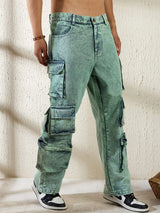 Teal Tinted Washed Baggy Cargo Denim Jeans Fugazee 