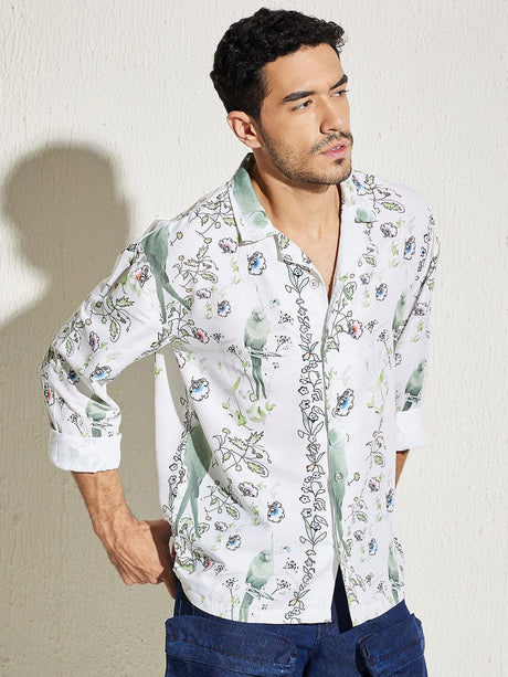 White Parrot Print Cuban Shirt Shirts Fugazee 