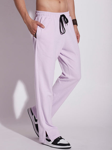 Lavender Textured Relaxed Fit Boot-Cut Pant Trackpants Fugazee 