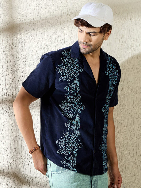 Navy Baroque Embroidered Cuban Corduroy Shirt Shirts Fugazee 