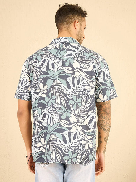 Navy Floral Linen Cuban Shirt Shirts Fugazee 