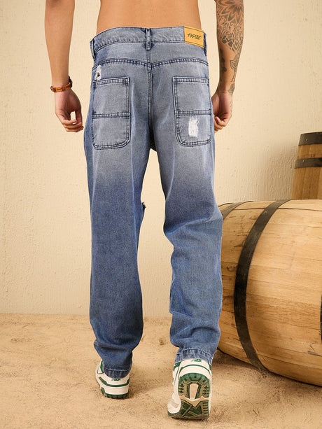 Mid Wash Blue Knee Ripped Relaxed Tapered Fit Jeans Jeans Fugazee 