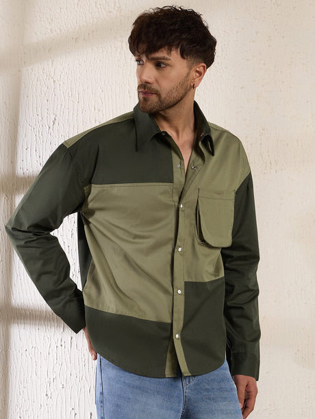 Olive Contrast Panel Oversized Shirt Shirts Fugazee 