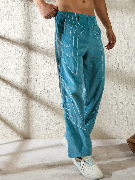 Teal Wavy Embroidery Baggy Corduroy Trousers Trousers Fugazee 