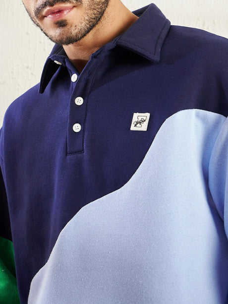 Blue Cut Sew Oversized Polo Sweatshirt Sweatshirts Fugazee 