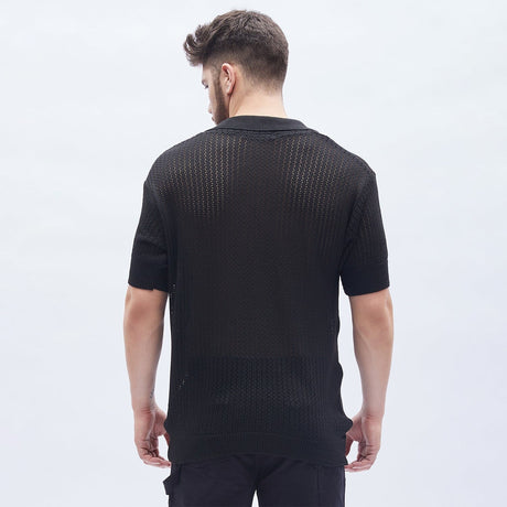 Black Textured Knit Polo Tshirt T-shirts Fugazee 