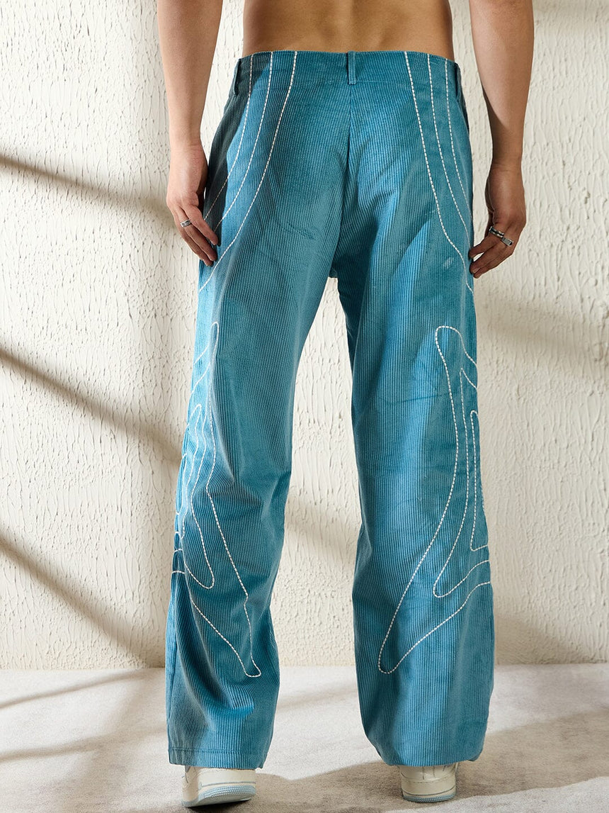 Teal Wavy Embroidery Baggy Corduroy Trousers Trousers Fugazee 