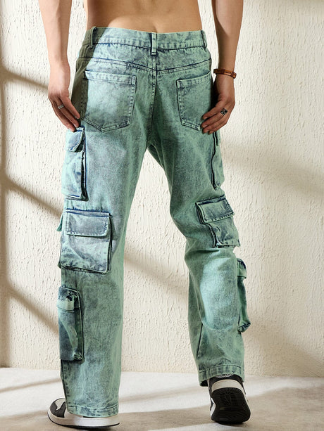 Teal Tinted Washed Baggy Cargo Denim Jeans Fugazee 