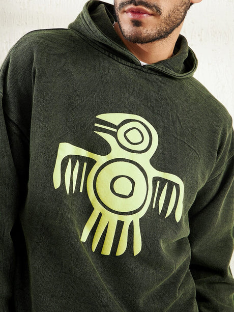 Olive Dyed Bird Graphic Cropped Hoodie Sweatshirts Fugazee 