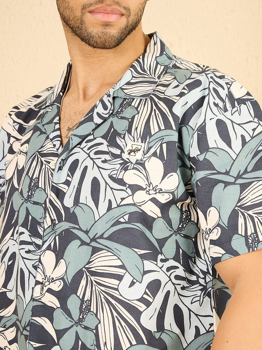 Navy Floral Linen Cuban Shirt Shirts Fugazee 