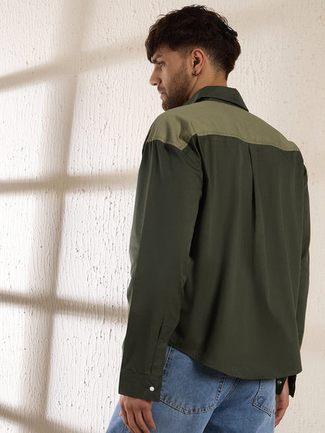 Olive Contrast Panel Oversized Shirt Shirts Fugazee 