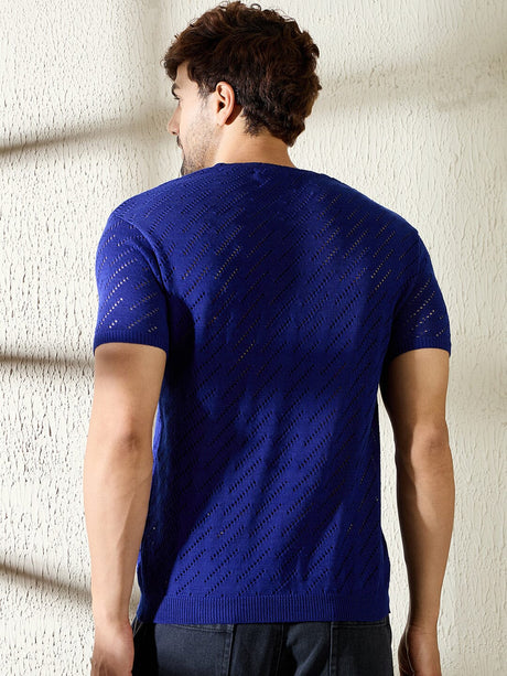 Royal Blue Mesh Effect V Neck Knitted Tshirt T-shirts Fugazee 