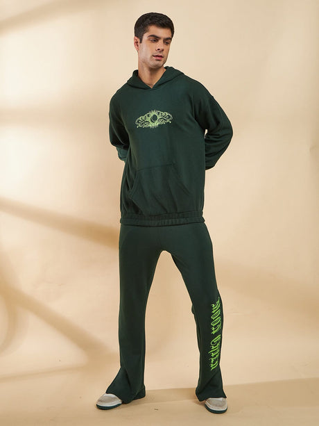 Moss Green Embroidery Panel Oversized Hoodie & Boot Cut Tracksuit Tracksuits Fugazee 