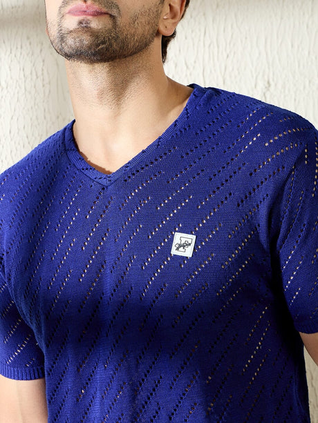 Royal Blue Mesh Effect V Neck Knitted Tshirt T-shirts Fugazee 