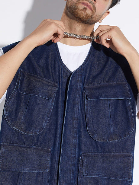 Dark Wash Denim Utility Sleeveless Jacket Jackets Fugazee 