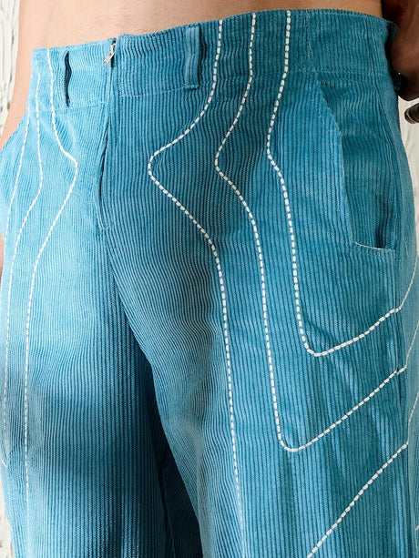 Teal Wavy Embroidery Baggy Corduroy Trousers Trousers Fugazee 