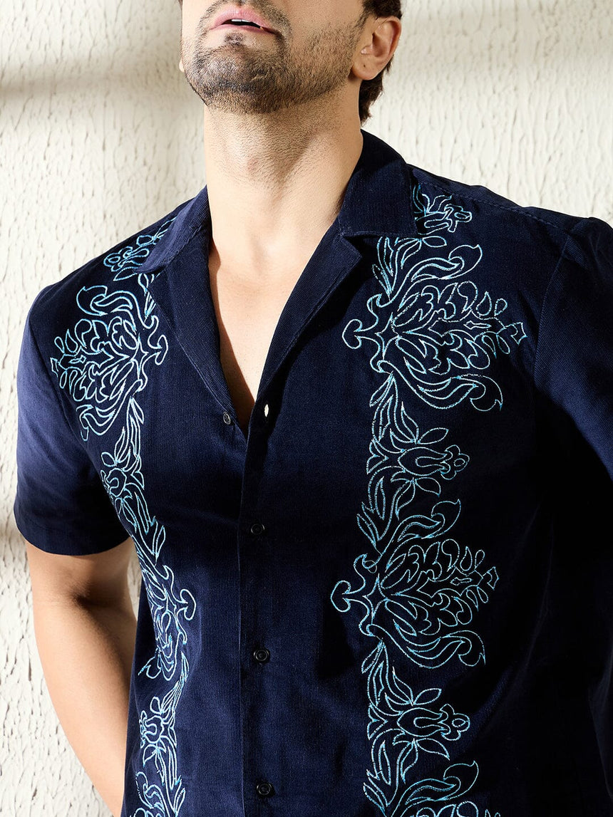 Navy Baroque Embroidered Cuban Corduroy Shirt Shirts Fugazee 