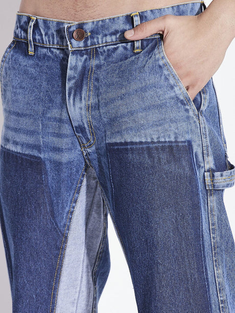 Mid Blue Contrast Panel Flared Denim Jeans Fugazee 