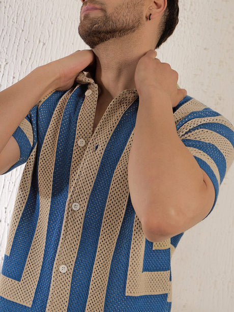 Beige & Blue Striped Crotchet Knitted Shirt Shirts Fugazee 