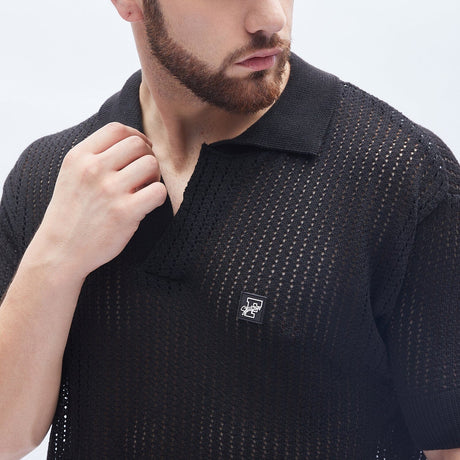 Black Textured Knit Polo Tshirt T-shirts Fugazee 