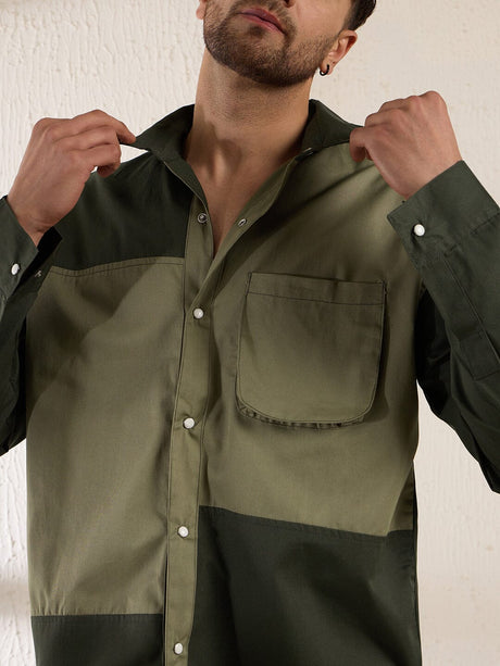 Olive Contrast Panel Oversized Shirt Shirts Fugazee 