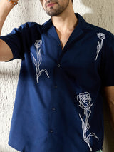 Navy Rose Embroidery Cuban Shirt Shirts Fugazee 