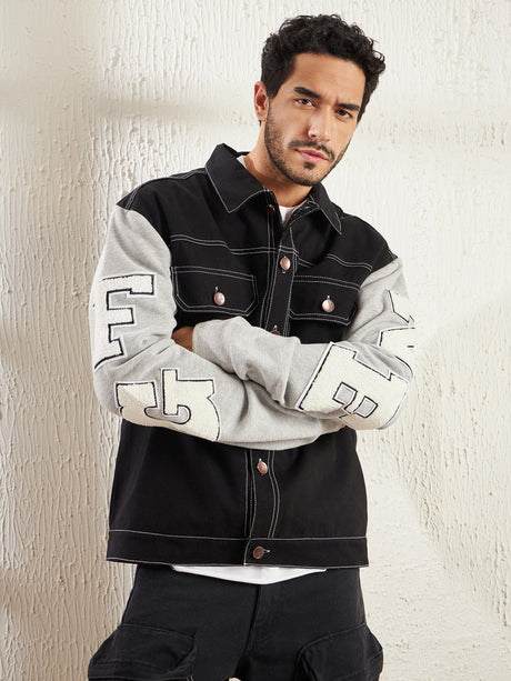 Black Letterman Contrast Stitch Jacket Jackets Fugazee 