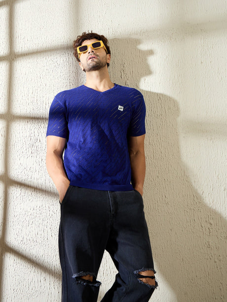 Royal Blue Mesh Effect V Neck Knitted Tshirt T-shirts Fugazee 