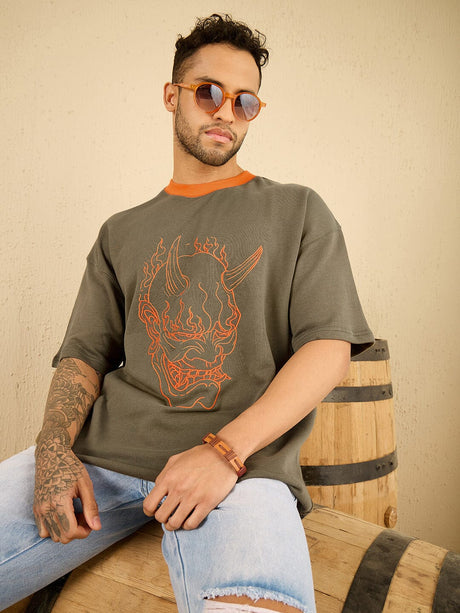 Khaki Demon Embroidered Oversized Tshirt T-shirts Fugazee 